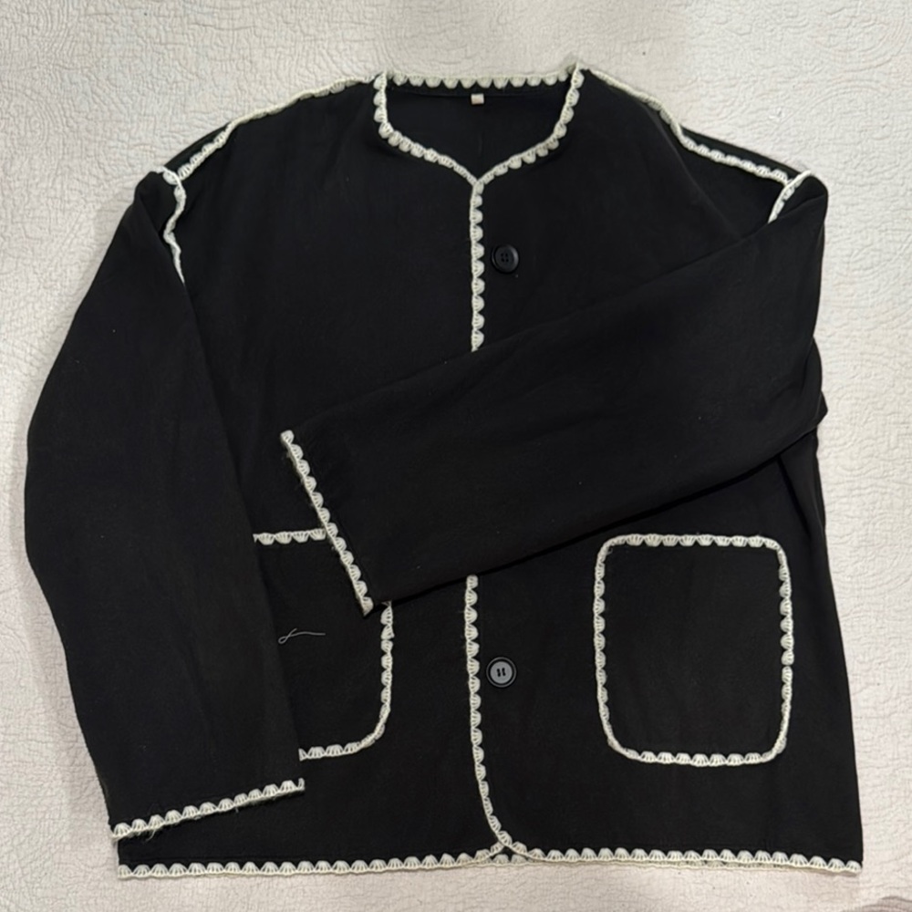 Black Cardigan with White Trim AND Matching Scarf